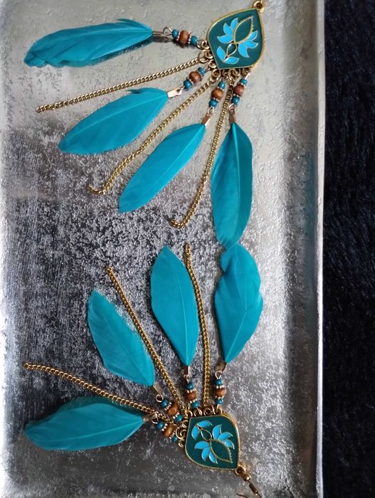 Nowe kolczyki pióra, boho, turkus,złoto