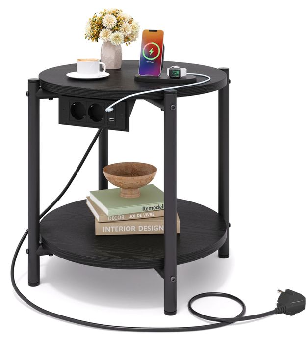 Okrągły stolik boczny z gniazdkami i 2 półkami, czarny 40x40x47 cm