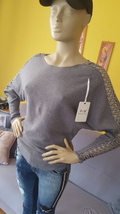 Sweterek luźny, zdobione rękawy, cekiny, kimono, wiosna, uni, P-M