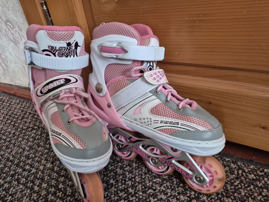 Дитячі ролики з комплектом захисту, рожеві роликові ковзани 34-38.