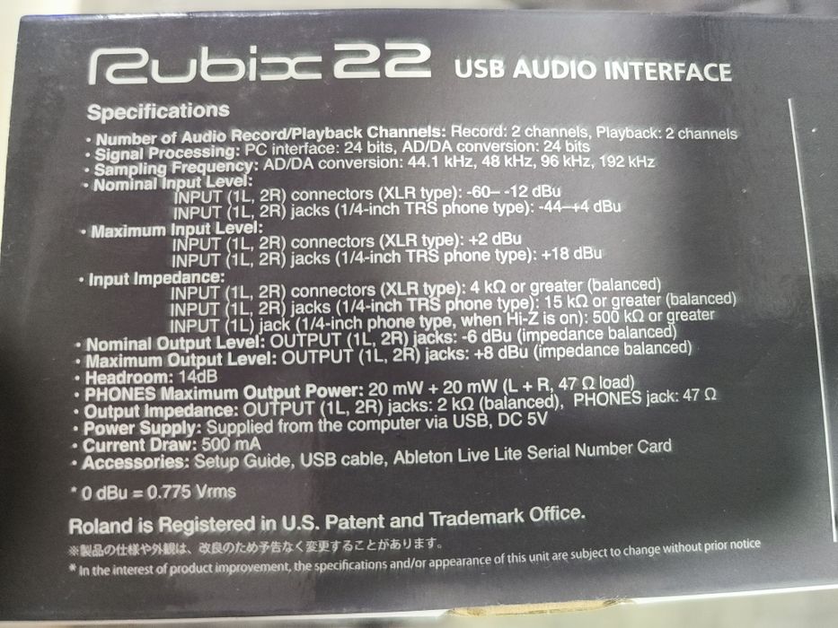 Roland Rubix22 – Interface de Áudio USB 2 In / 2 Out – Como Nova