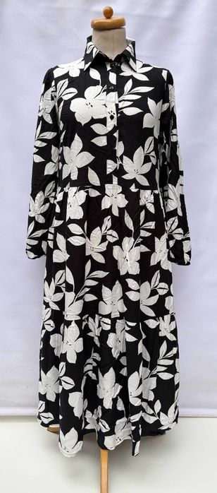 Sukienka Rainbow Biała Czarna L 40 Kwiaty Rozkloszowana Bonprix