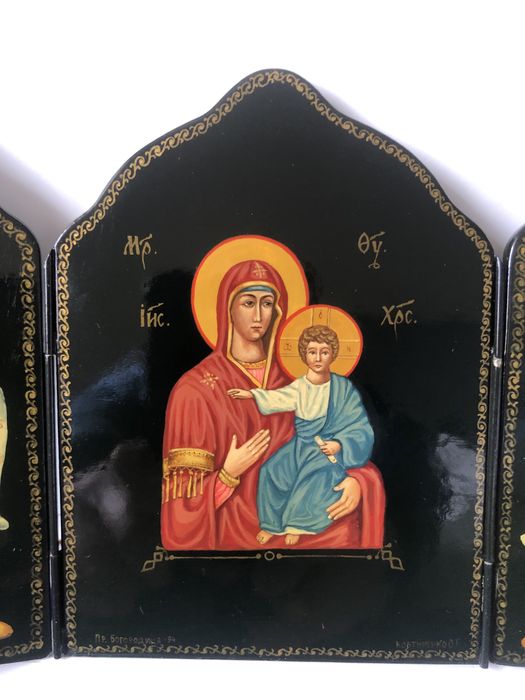 Палех. Триптих Богородица с Младенцем, Св.Антоний и Св.Феодосий