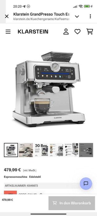 Кофеварка Кавоварка рожковая с кофемолкой Klarstein GrandPresso Touch