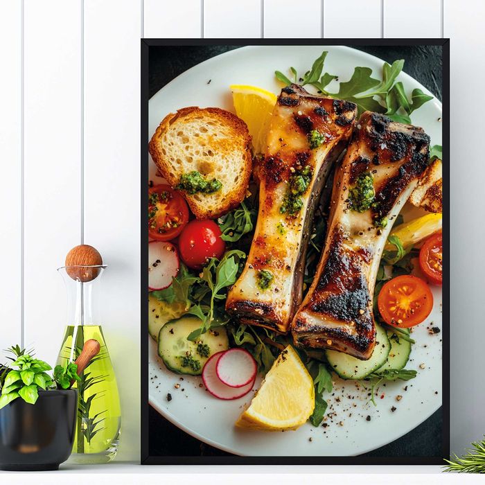 plakat reklamowy smażone mięso w warzywach do baru i restauracji