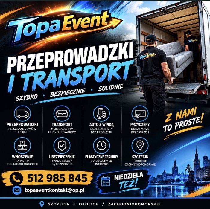 Przeprowadzki i Transport Eventowy Szczecin / Cała Europa | Auta z windą + Tragarze