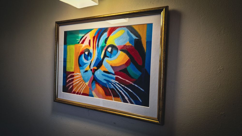 Obraz olejny, kubizm, kot zwisłouchy. Format A3. Ramka w komplecie