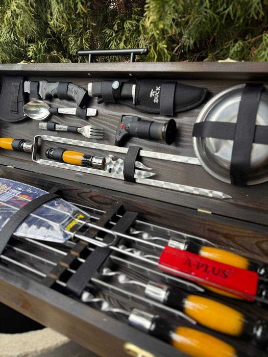 Шампуры набор для шашлыка в деревянном кейсе на подарок мужу брату