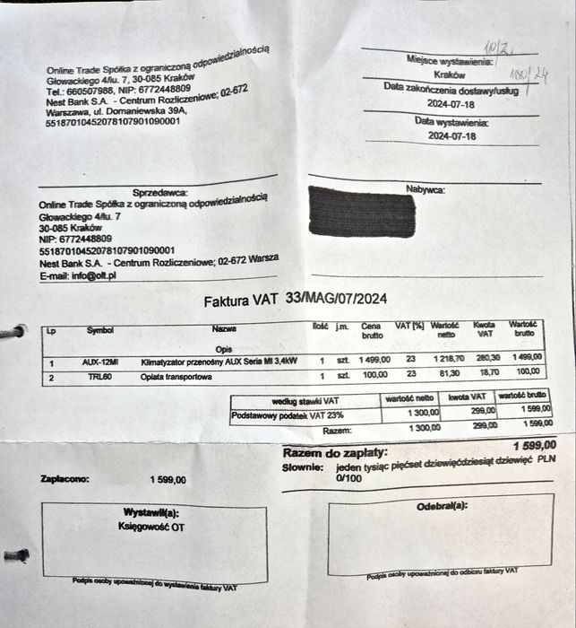 Klimatyzator przenośny AUX-12MI, Gwarancja, Komis Jasło Czackiego