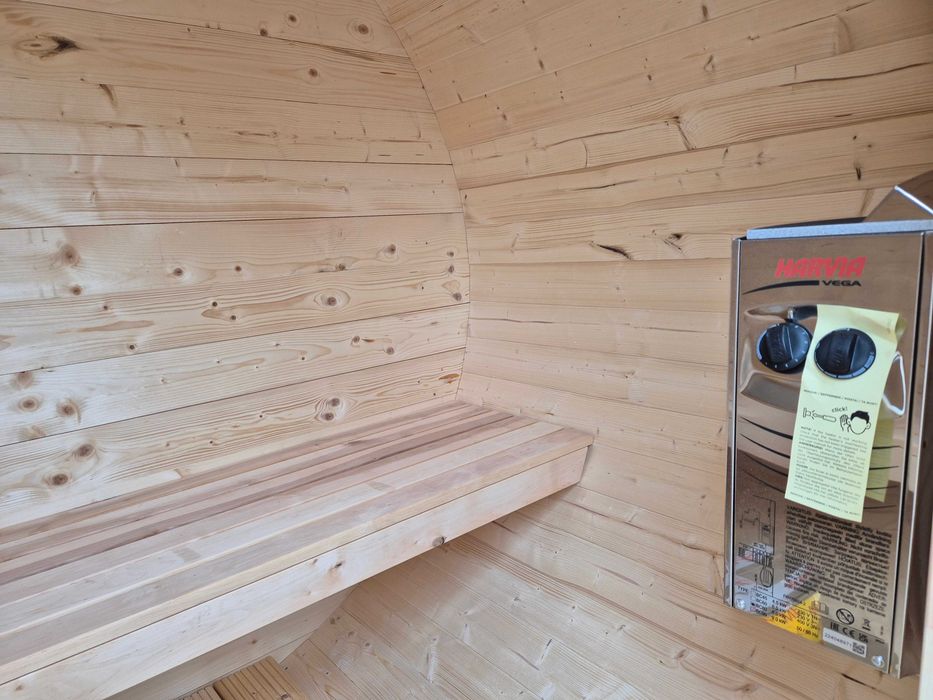SAUNA OGRODOWA z piecem HARVIA, 1,5x2m, producent, balia, beczka