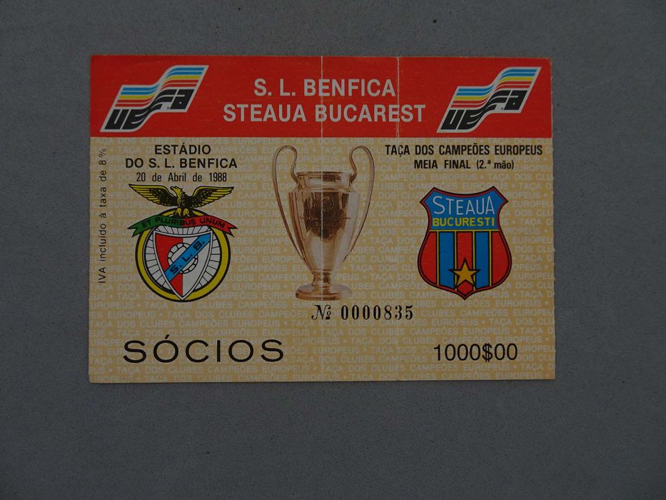 Bilhete de futebol Benfica Steaua Bucarest Taça Campeões Europeus 88