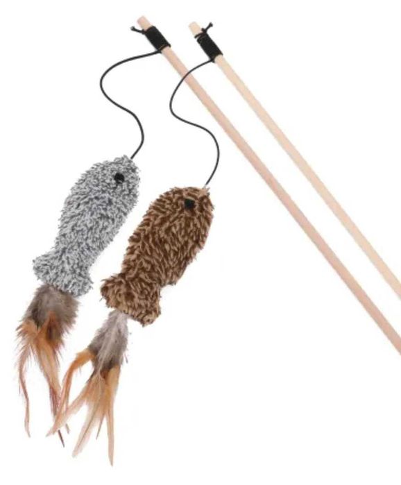Brinquedo interativo para gatos – Vara com ratinhos de peluche e penas