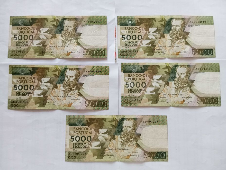 Notas de 5000 escudos - Lote de 5 por 100 euros
