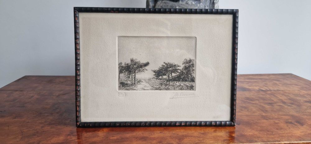 Litografia akwaforta pezjaż z drzewami aukcyjna sygnowana limitowana