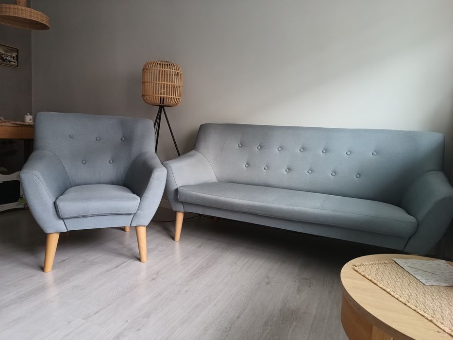 Sofa , fotel, pufa szaroniebieski zestaw