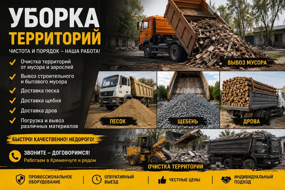 Вывоз мусора,очистка територий,привозка щебня,песка и так далее…