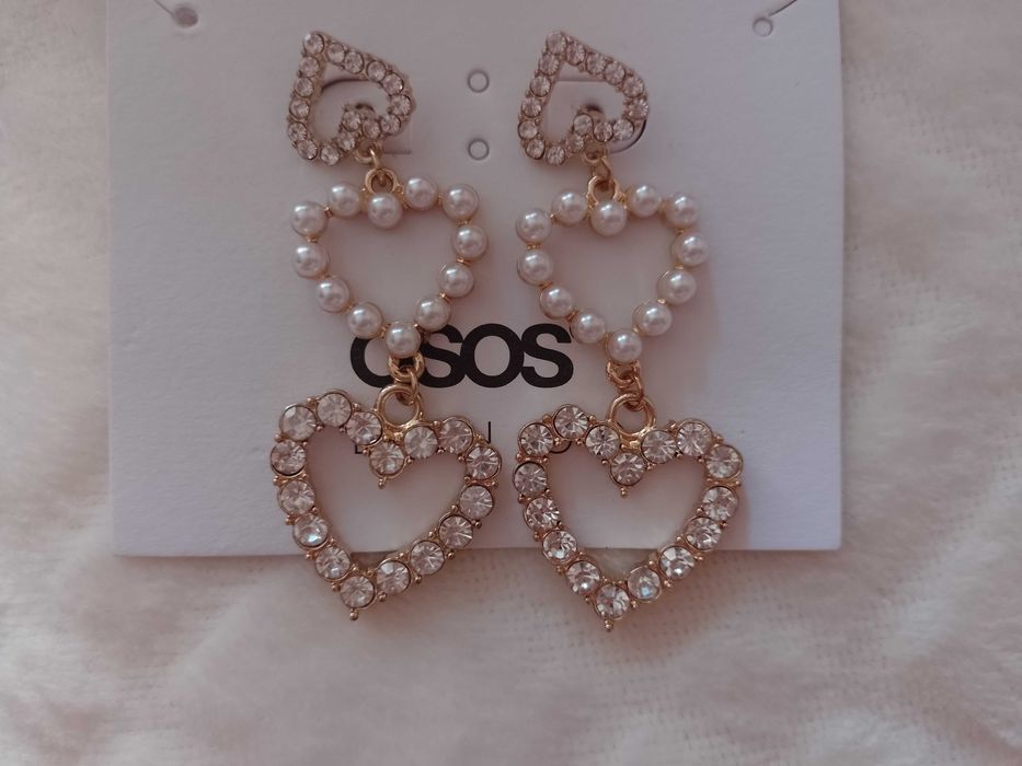 ASOS/ Długie, Bogato zdobione kolczyki, serca, perły, NOWE