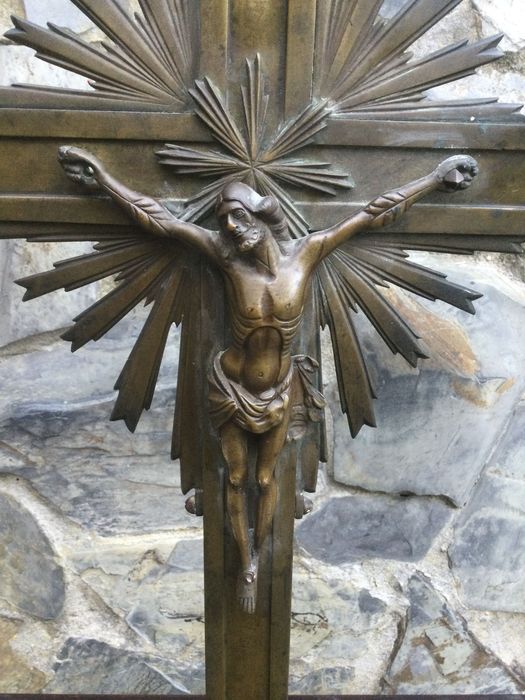 Cruz Cristo Procissão Bronze séc XVIII 52 cm Arte Sácra
