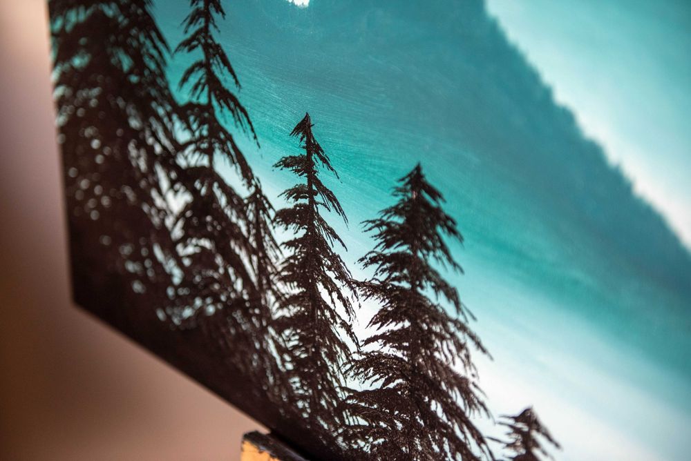 Obraz ręcznie malowany duży. akryl. 100x80 las mgła góry malarstwo