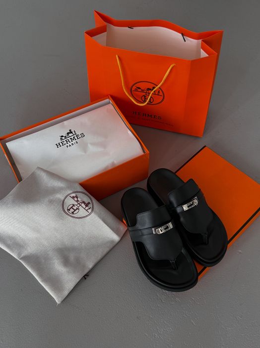 Тапочки женские Hermes новые сток черные натуральная кожа 36 37 38 39 размер