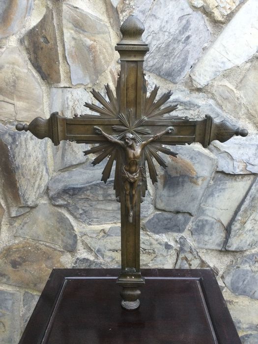 Cruz Cristo Procissão Bronze séc XVIII 52 cm Arte Sácra