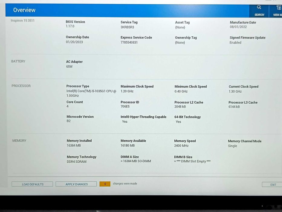Материнська плата Dell Inspiron 15 3511, процесор intel Core i5-1035G1