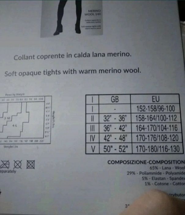Rajstopy wełniane z wełny Merynosa Merino Wool. Rozmiar 3/M. Czarne.