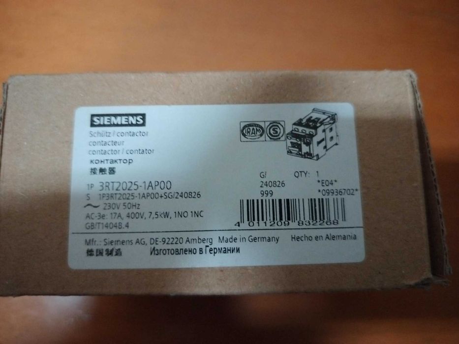 Contator Siemens SIRIUS 3RT2025-1AP00 230V 50Hz 17A 7.5kW