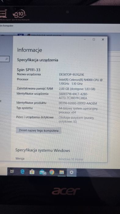 Laptop tablet 2w1 Acer Spin 1 11,6" Intel& Celeron N4000 2GB RAM 32GB
