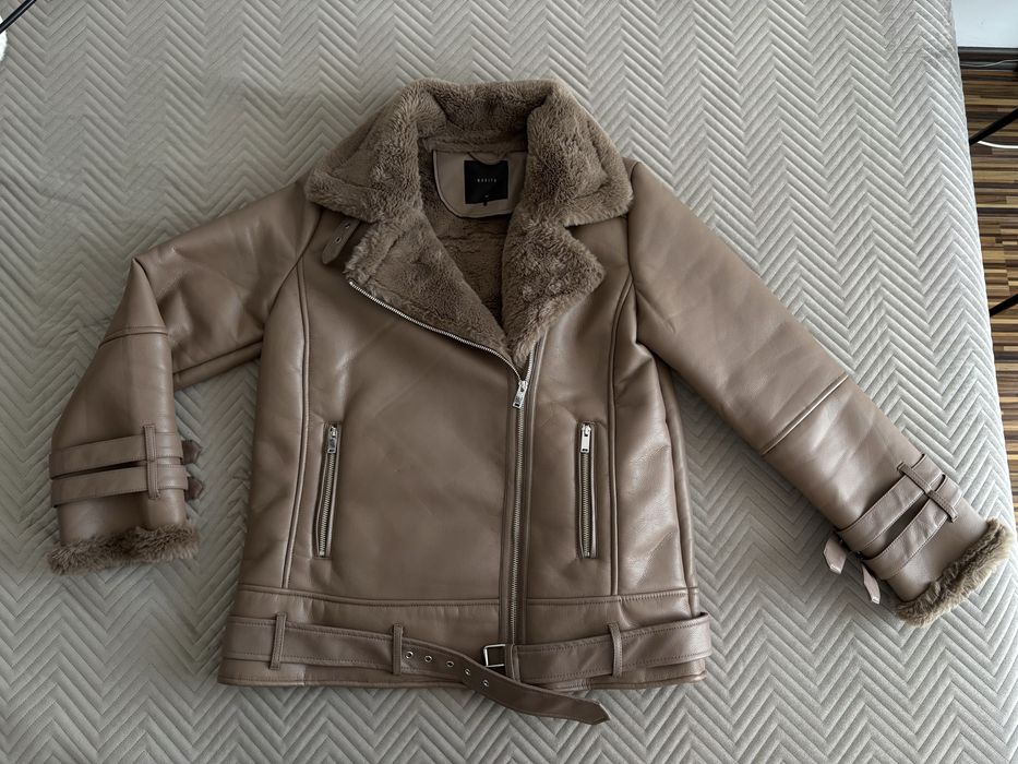 Brązowa kurtka skórzana ocieplana zimowa futerko Mohito 36 ramoneska