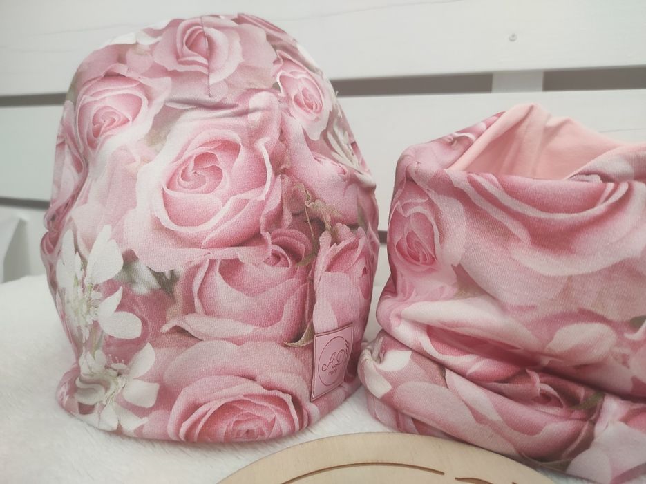 Komplet bawełniany Pudrowe Róże czapka,komin 86,98,104,110,116,122,128