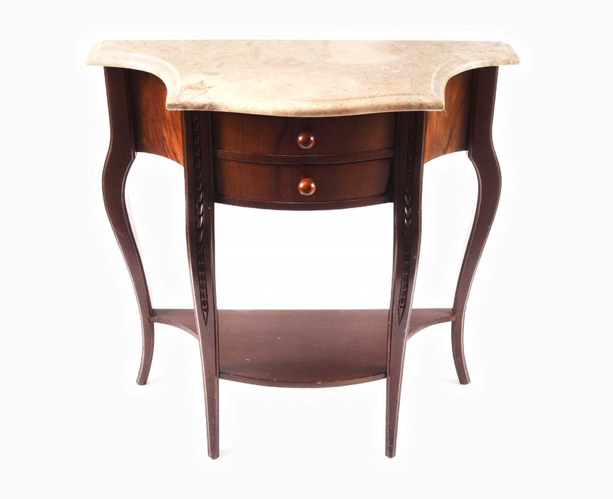 Credência Mesinha de apoio madeira entalhada e tampo mármore. Consola