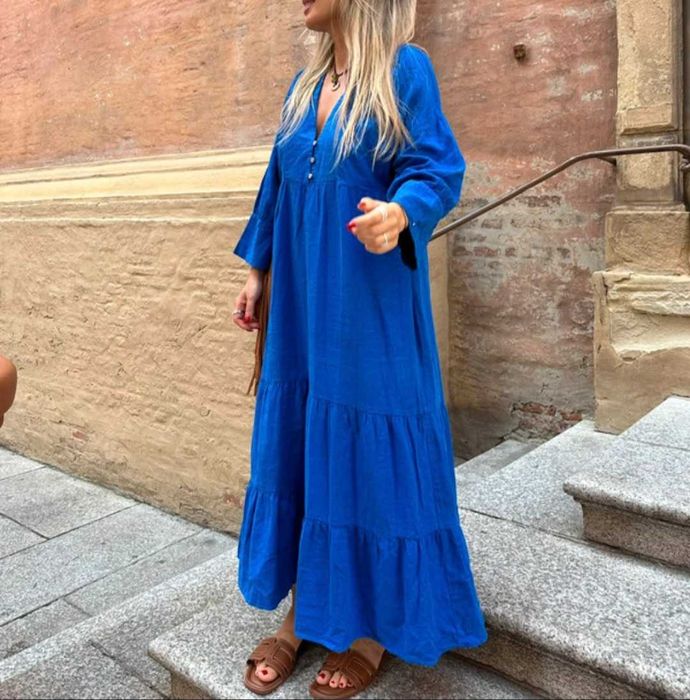 Zara kobaltowa dluga maxi boho sukienka len wiskoza