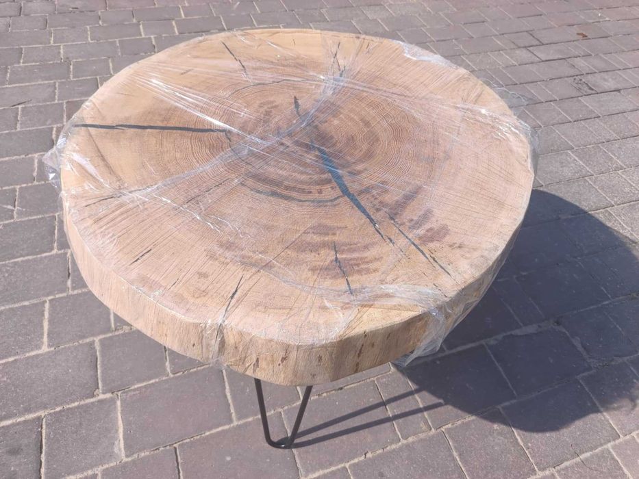 Stolik kawowy z plastra dębu ręcznie wykonany, Meble salonowe