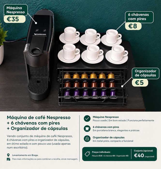 cafeteira nespresso com chávenas e organizador de capsulas