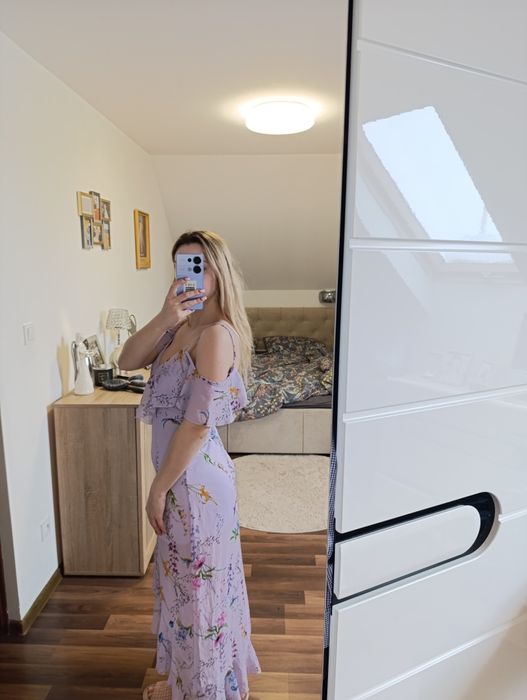 Sukienka koktajlowa wesele letnia przewiewna falbanki siatka s modna