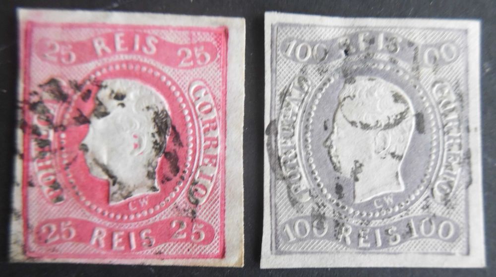 Selos Portugal 1866-Clássicos D. Luís fita curva n/ denteados 25 e 100 reis