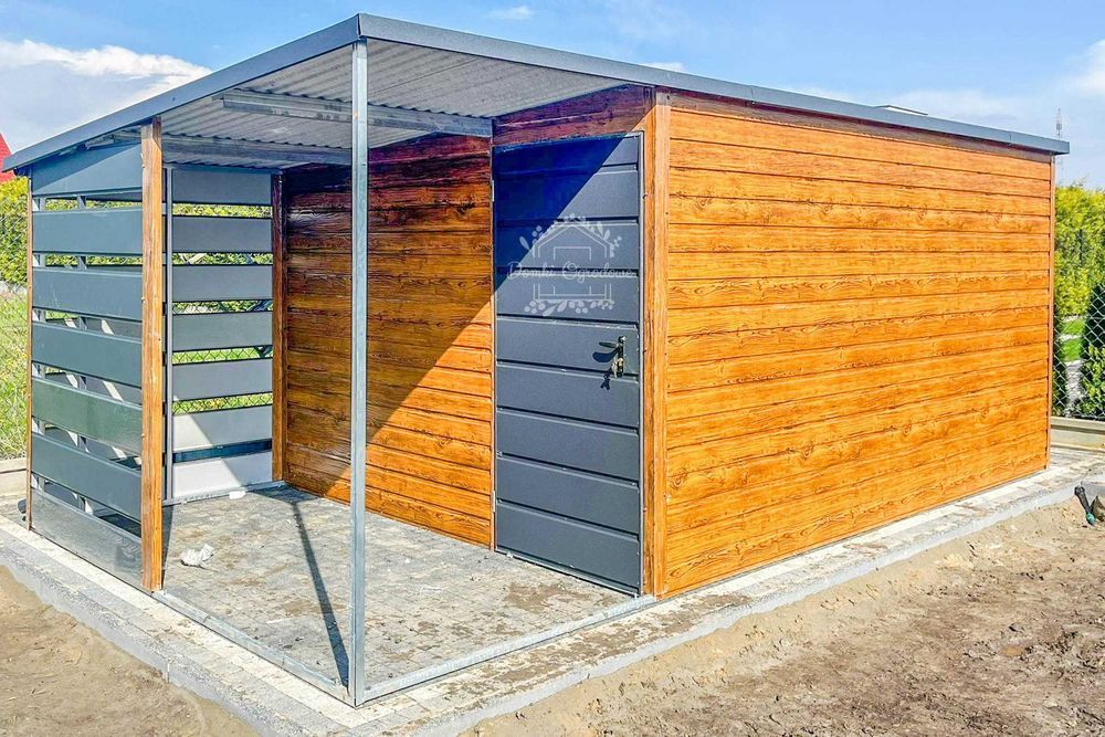 Schowek Domek O 4,5x3m + wiata 1,5m drewnopodobny Antracyt  ID653