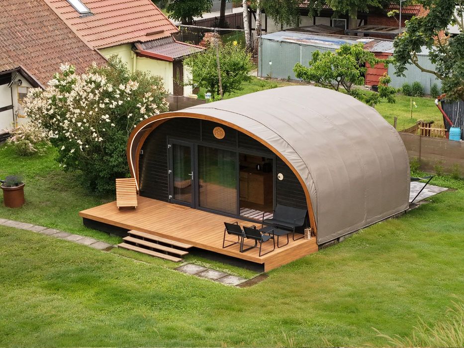 Domek modułowy drewniany 35 m² na zgłoszenie | całoroczny, letniskowy, mobilny bez pozwolenia |  X-Tent Glamping tinyhouse, szkieletowy z antresolą