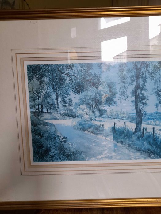 antyk obraz duży w ramie złoconej  38x40 pejzarz zabytek