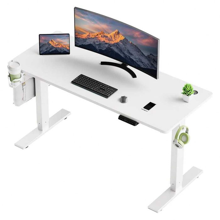 Biurko elektryczne 140x70 cm – regulacja wysokości, pamięć, USB/USB-C – białe