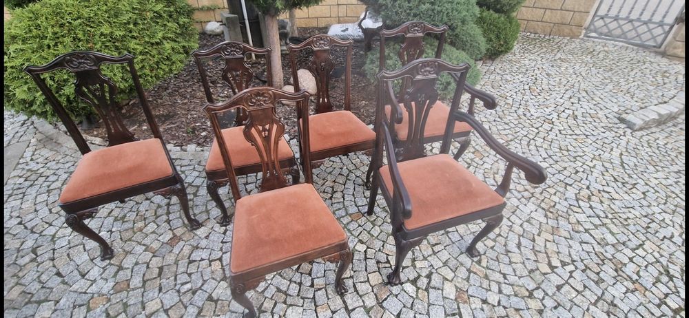 Luksusowy komplet 6 krzeseł Chippendale | 4+2 (Dwa Fotele).