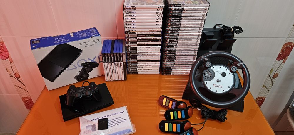 Pack PlayStation 2 caixa completa  + Demos e DVDs + jogos  volante psx
