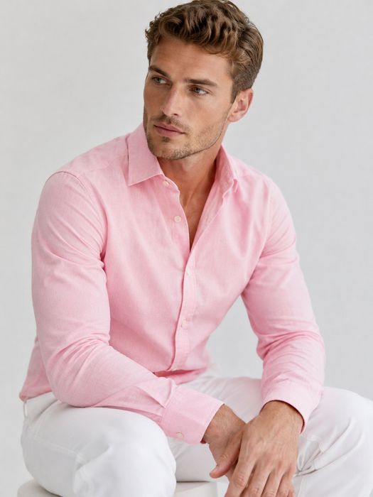 Van Laack Royal Pink Herringbone Shirt 100% Cotton XL (44) Premium