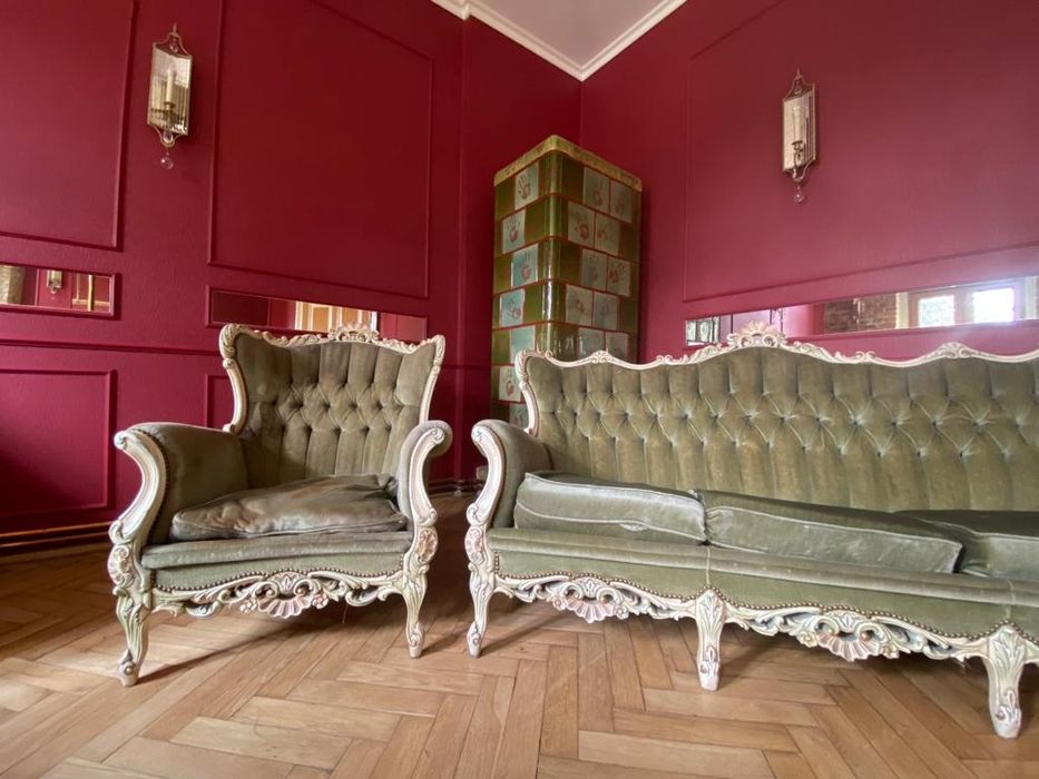 Komplet ecru ludwikowski zielony stylowy sofa Ludwik
