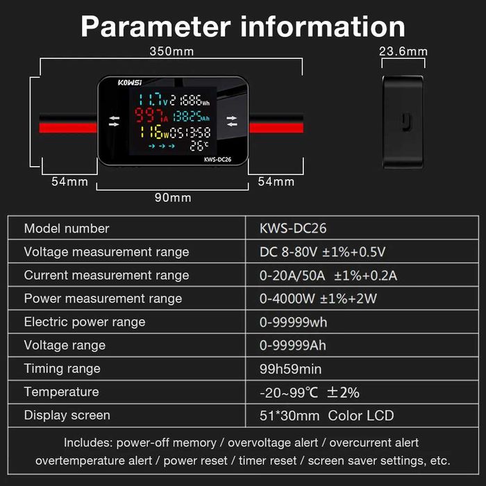 Ваттметр кулонометр тестер ємності KWS-DC26 - дисплей заряду батареї
