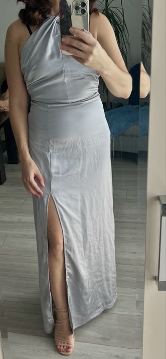 Srebrna / Szara satynowa sukienka maxi Halter odkryte plecy XS / 34 nowa z metką