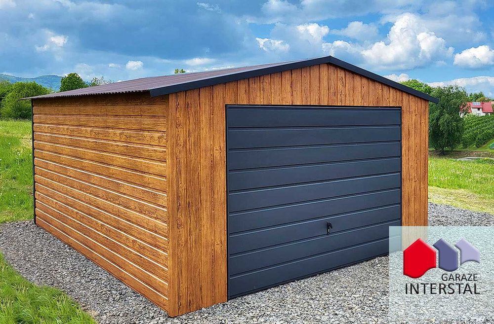 Garaż Blaszany 4x5 Drewnopodobny Garaże Orzech poziomy układ + Obróbki