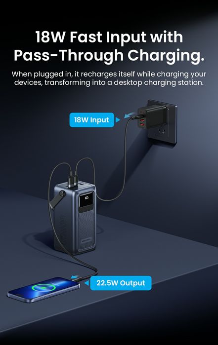 Повербанк Vention FKW 50000mAh 22.5W з вбудованими кабелями і ліхтарем