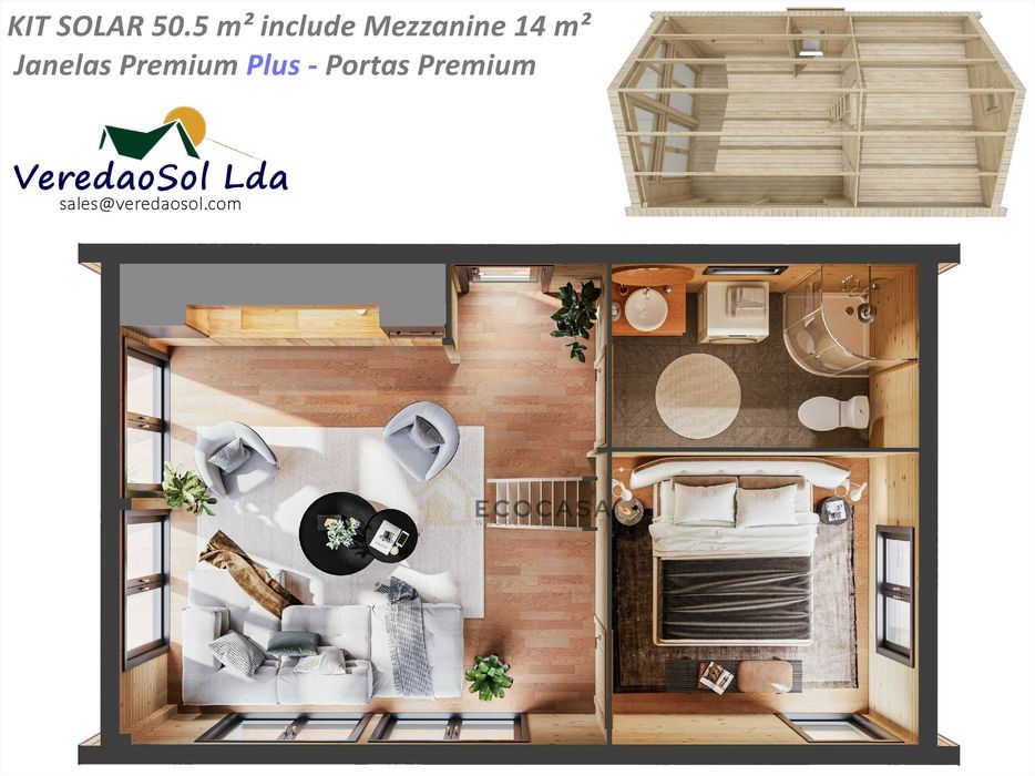 Casa Madeira SOLAR T2 50,5m² 214mm Segundaparede e isolamento telhado